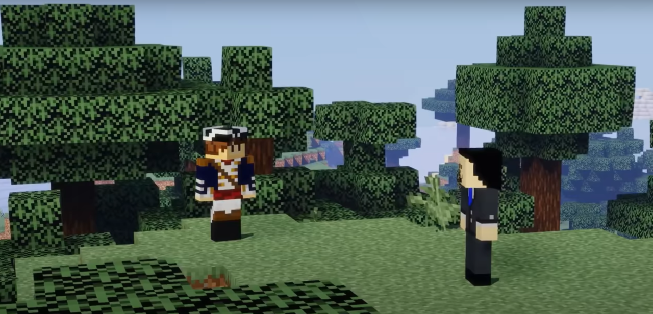 A screenshot from Quackity's stream of Quackity and Wilbur standing on a hill outside of L'manberg.